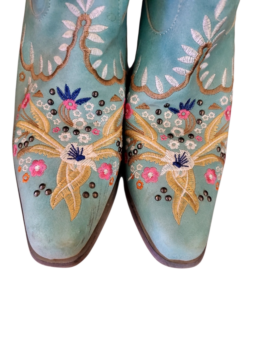Turquoise Embroidered Western Heeled Boots - Picture 3 of 9